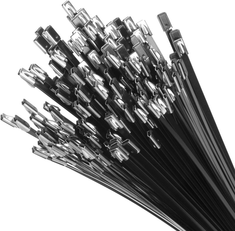 XINGO 24 inch Black Metal Zip Ties Heavy Duty 100 Pack, 304 Stainless Steel Zip Ties, 300lbs Tensile Strength, Multi-Purpose Self-Locking Cable Ties for Exhaust Wrap, Outdoor and Canopy Etc - Image 1